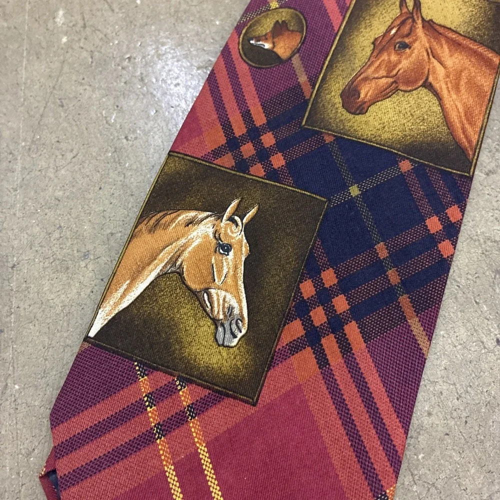Vintage Equestrian Dogs Rare Polo Ralph Lauren Tie - Silk Handmade! Plaid! Red